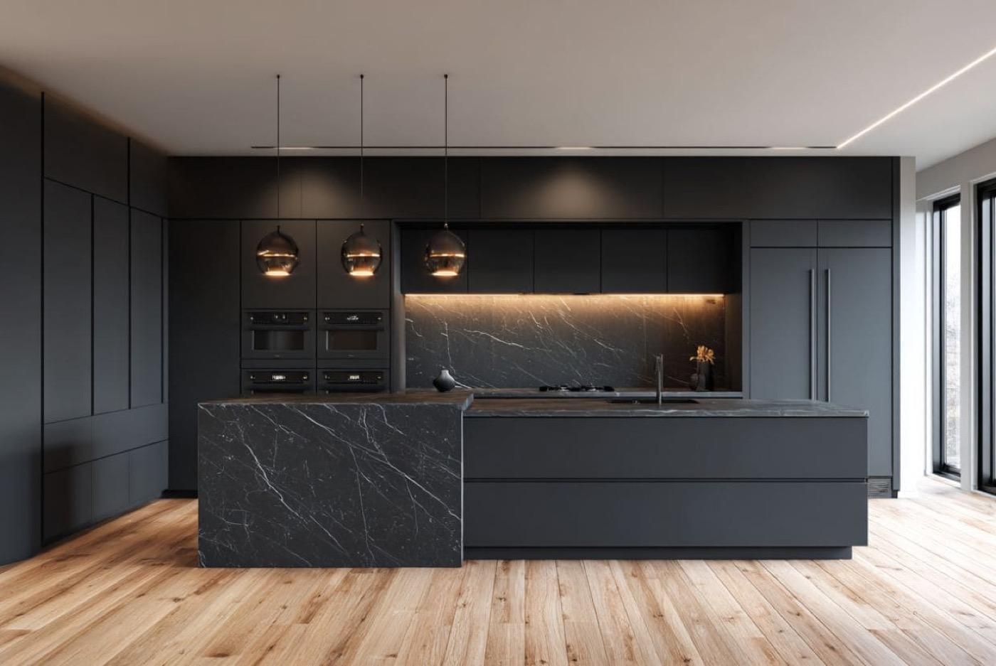 Beautiful modern kitchen with hardwood floors and white cabinetry